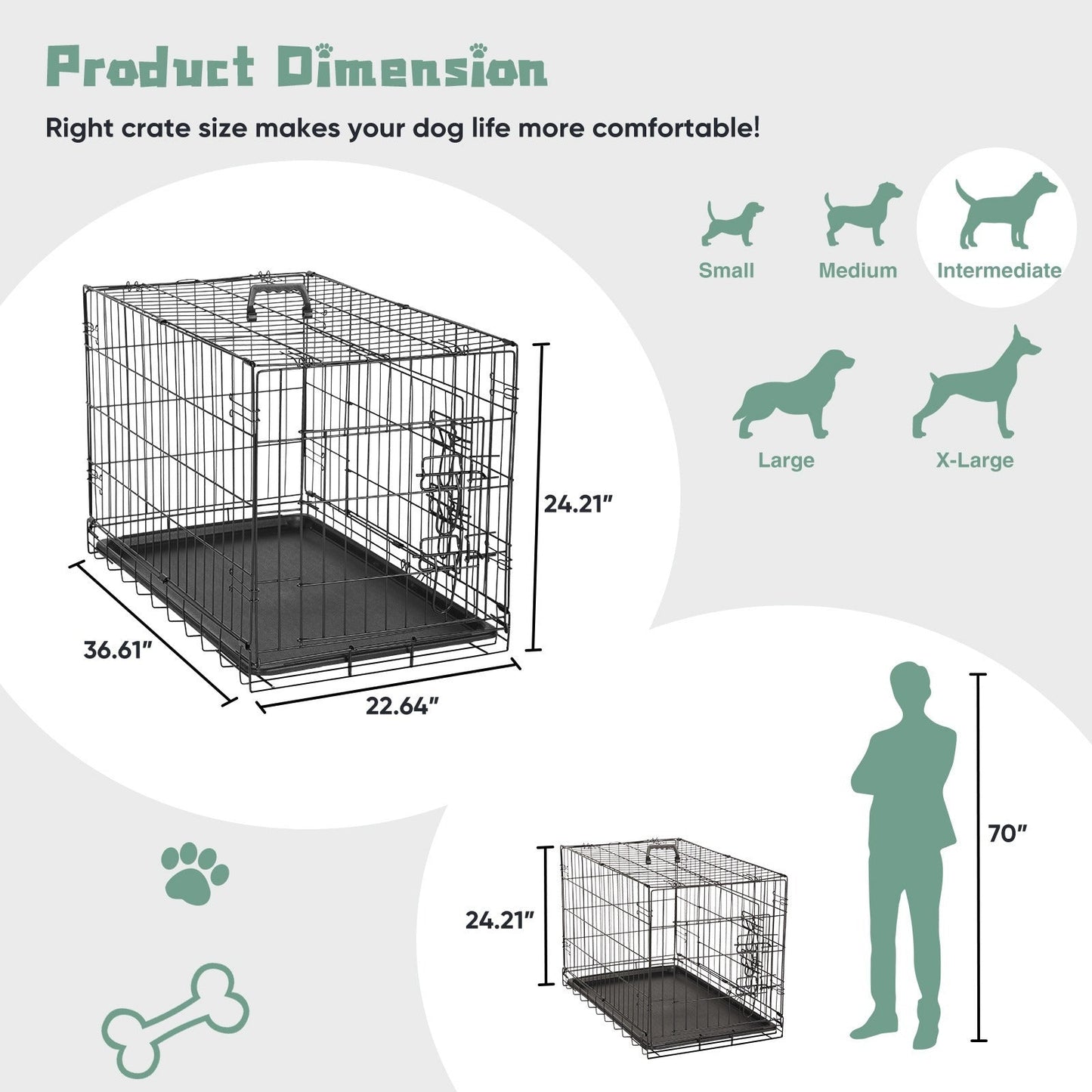 Folding Wire Dog Crate in 24, 30 or 36 Inches with Divider, Removable Tray and Door Options