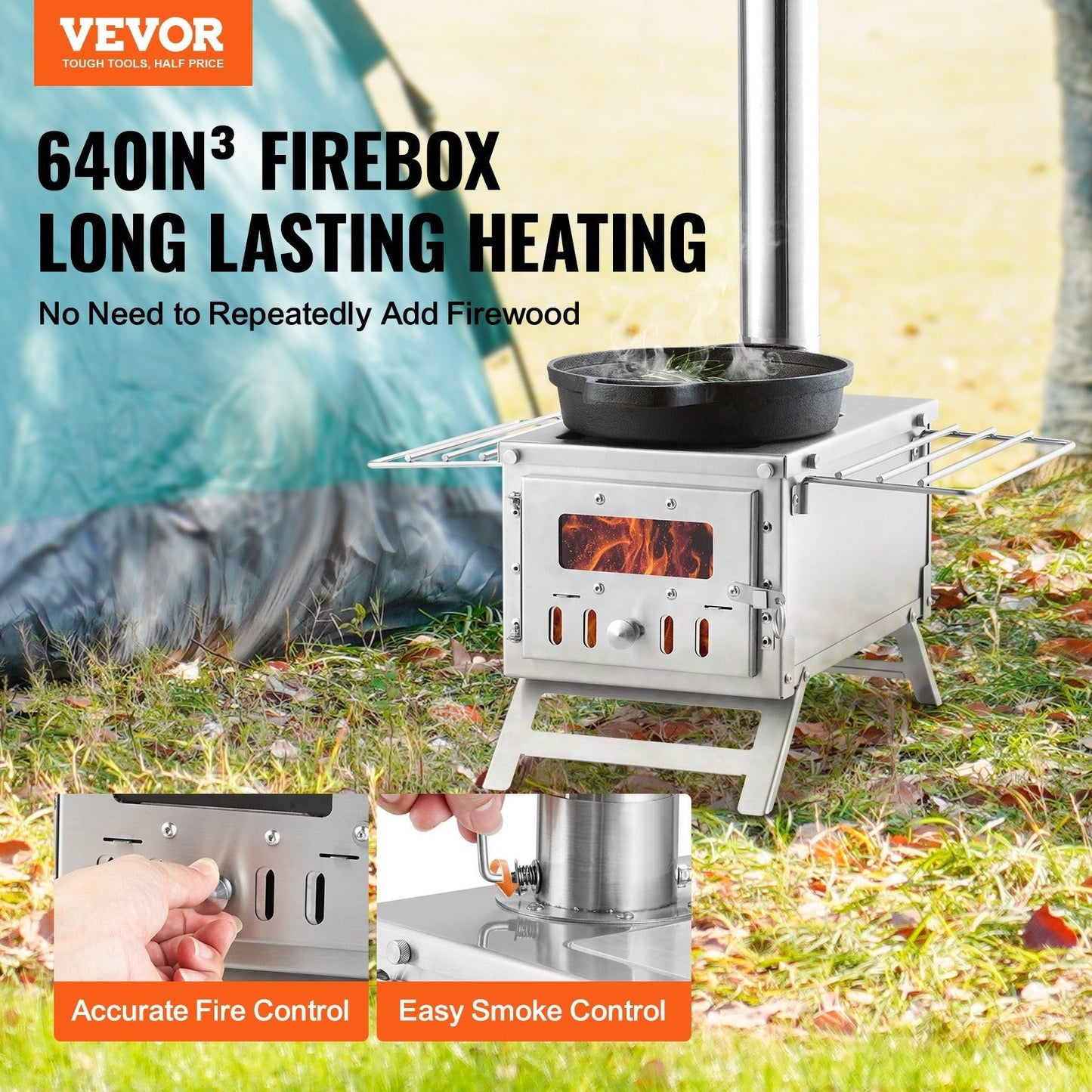 Wood Stove Camping Tent Stove 80 Inch Stainless Steel, 700in³ Firebox, 8 Accessories, BBQ Grill Plate