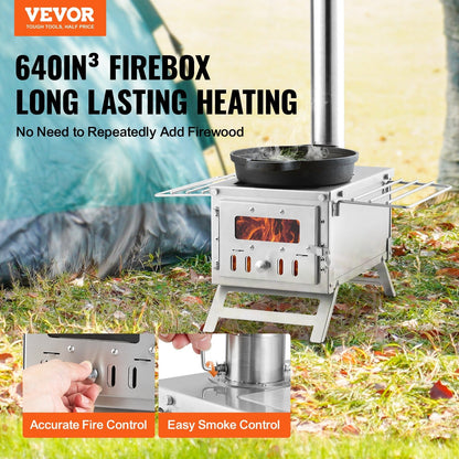 Wood Stove Camping Tent Stove 80 Inch Stainless Steel, 700in³ Firebox, 8 Accessories, BBQ Grill Plate