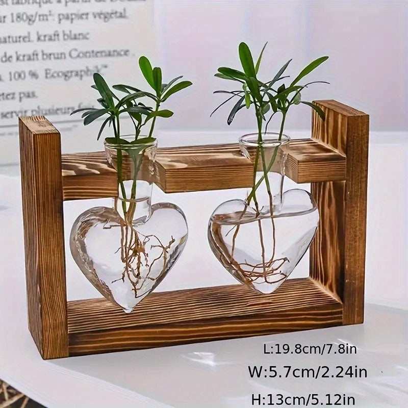 Hydroponic Flower Vase with Wooden Frame Heart-Shaped Pine Glass Bottle for Living Room Desk Home Decor Holiday Gift Single/Double/Triple