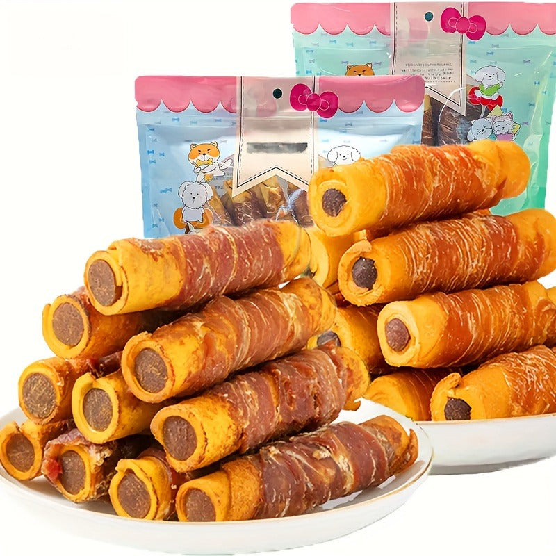 Dog Chew Treats Chicken & Duck Wrapped Cowhide Sticks – High Protein Beef Skin Stuffed Snacks, Long-Lasting, Easy to Digest