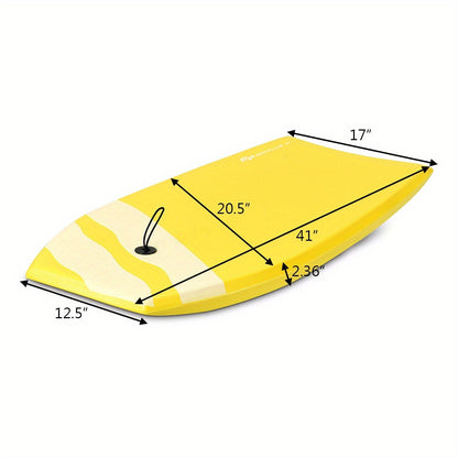 Yellow 41-Inch EPS Core Bodyboard with XPE Deck, HDPE Slick Bottom, Crescent Tail and Wrist Leash