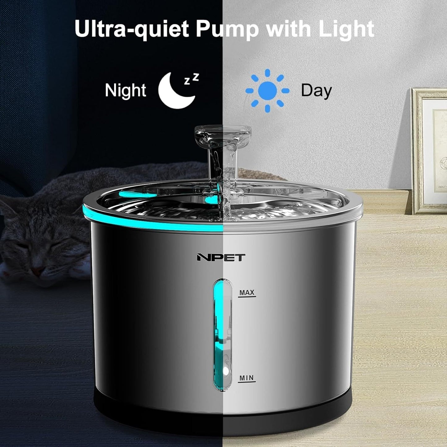 Cat Water Fountain Stainless Steel 50oz/1.5L – Ultra Quiet Auto Pet Water Dispenser with LED Light, Visible Window & Dishwasher Safe