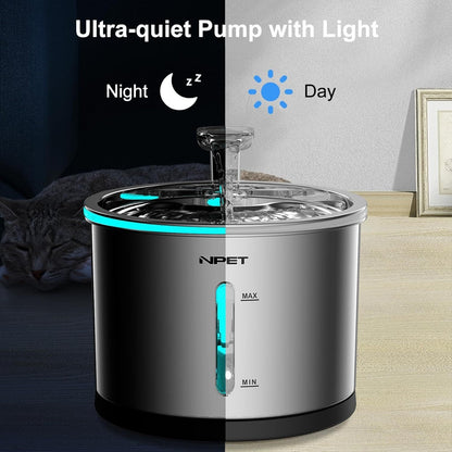 Cat Water Fountain Stainless Steel 50oz/1.5L – Ultra Quiet Auto Pet Water Dispenser with LED Light, Visible Window & Dishwasher Safe