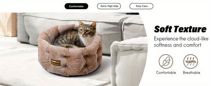 Cat Bed Round Deep Nest for Indoor Cats up to 15lbs, Luxurious Velvet Feel Extra High Sides, Machine Washable Non-Slip Bottom