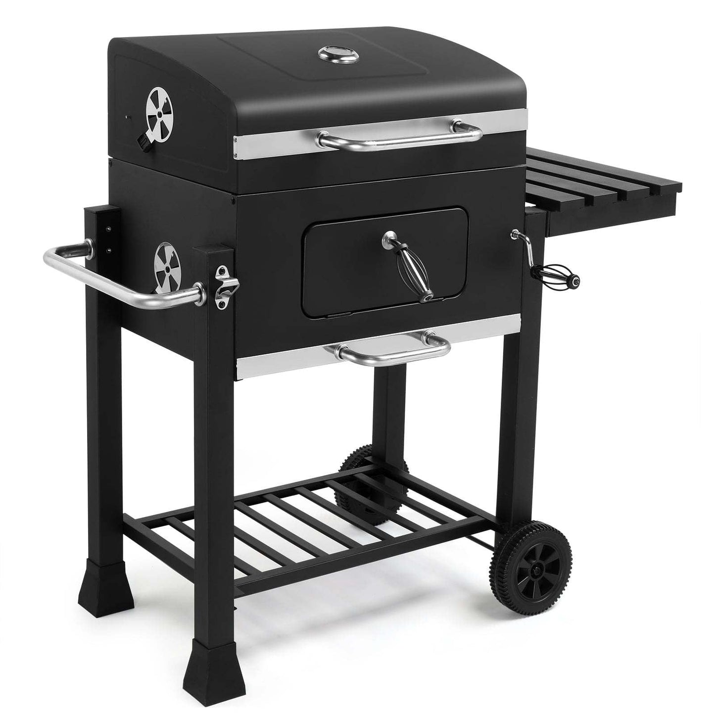 Cart Charcoal Grill with Adjustable Pan, Lid, Wheels, Lower Rack, Thermometer and Folding Side Shelf