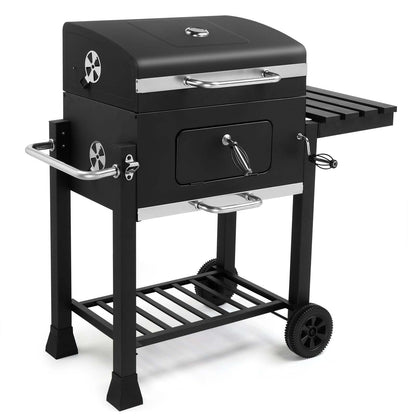 Cart Charcoal Grill with Adjustable Pan, Lid, Wheels, Lower Rack, Thermometer and Folding Side Shelf
