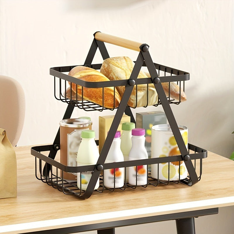 Two-Tier Black Wire Fruit Basket with Wood-Look Carry Handle and 12.2-Inch Countertop Frame