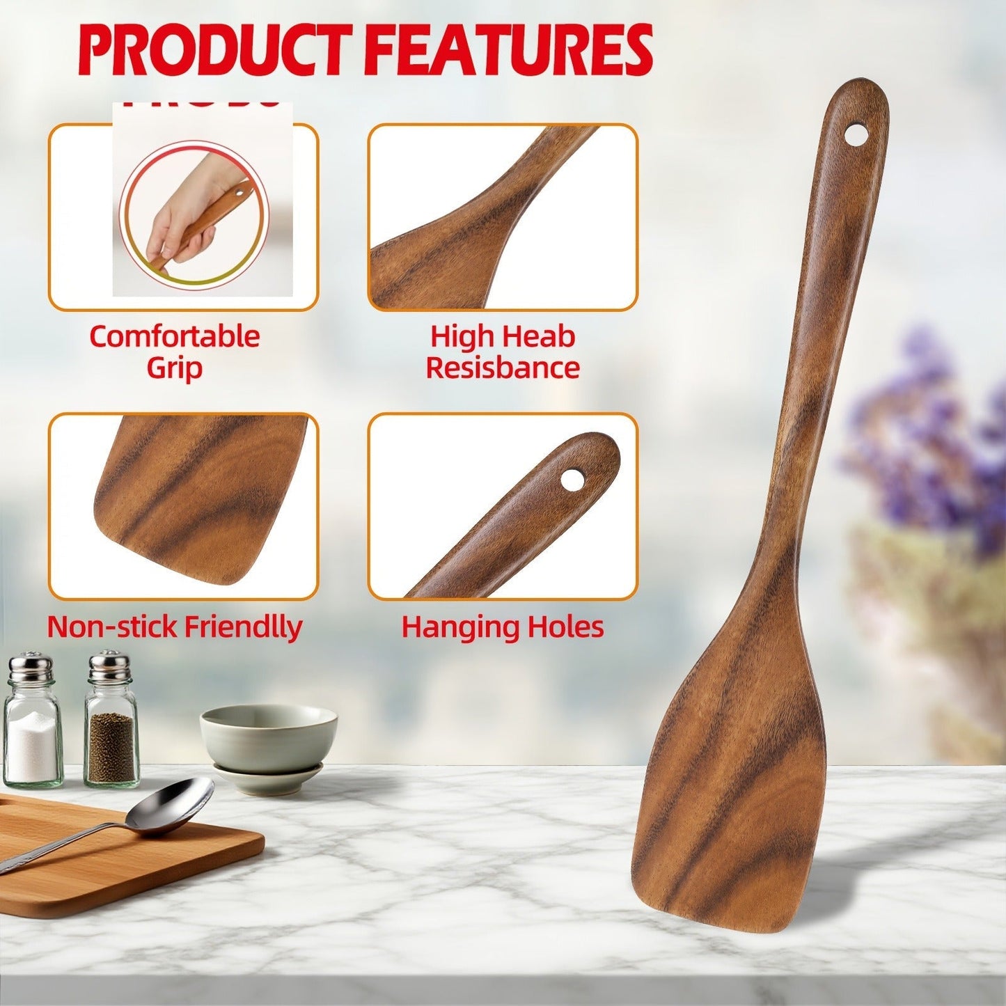 Wooden Cooking Utensils Set 6 Piece – Teak Wood Non-Stick Kitchen Tools with Comfortable Grip | Sturdy, Lightweight & Heat-Resistant