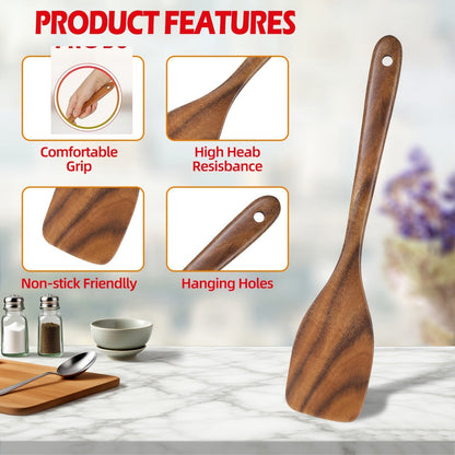 Wooden Cooking Utensils Set 6 Piece – Teak Wood Non-Stick Kitchen Tools with Comfortable Grip | Sturdy, Lightweight & Heat-Resistant