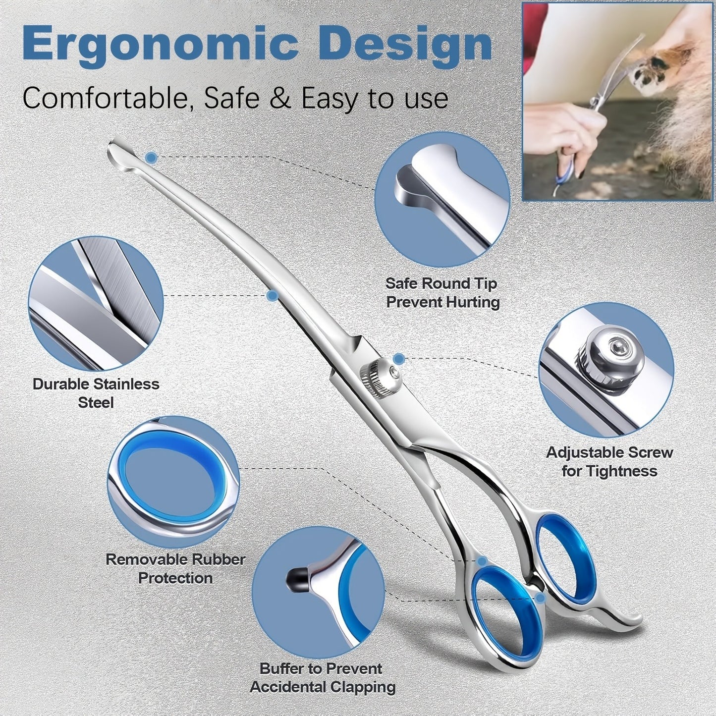 Dog Grooming Scissors Set 7-in-1 Professional Ceramic Coated Stainless Steel Safety Round Tip Straight Thinning Curved Scissors Comb Kit