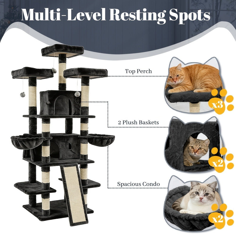 Large Multi-Level Cat Tower with Two Condos, Three Perches, Hammocks and Six Gray, Beige or Taupe Configurations