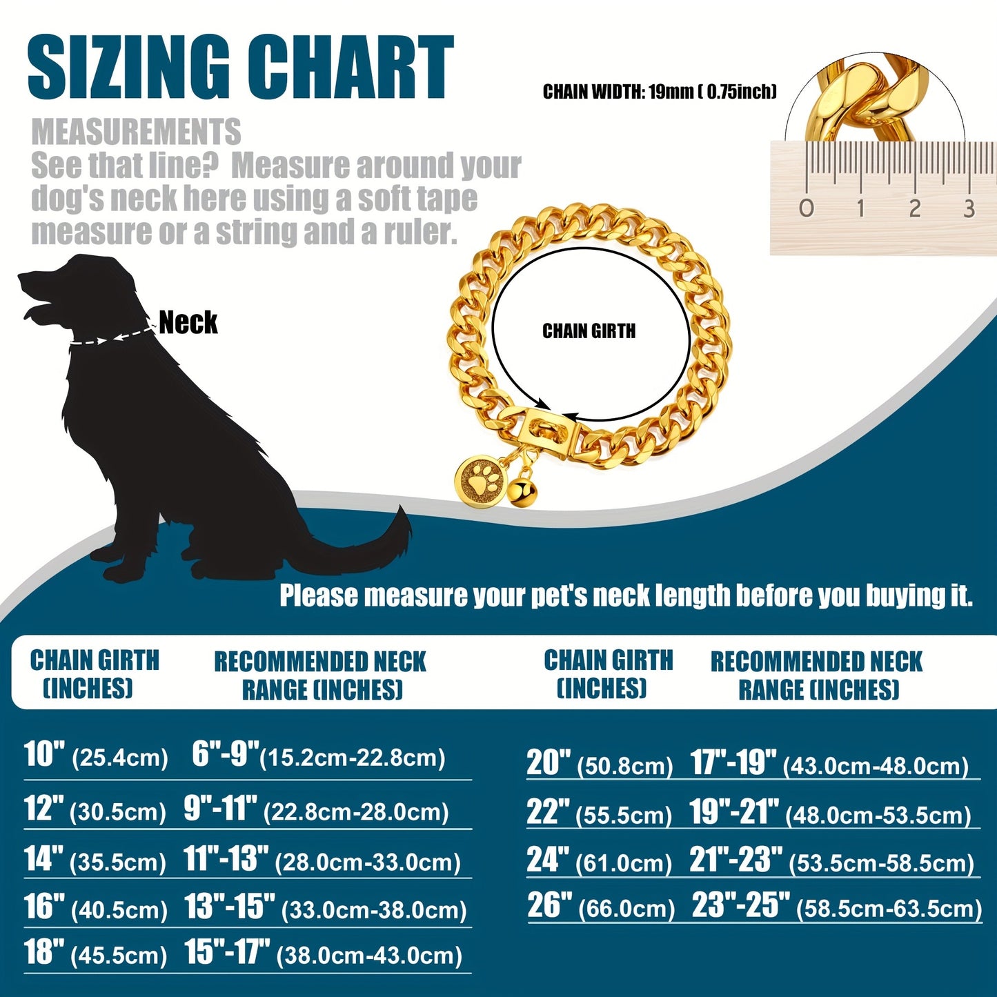 Cuban Link Dog Chain Collar – 19mm Gold Plated Stainless Steel with Snap Lock, 6 Sizes for Puppy Small Medium Large Dogs