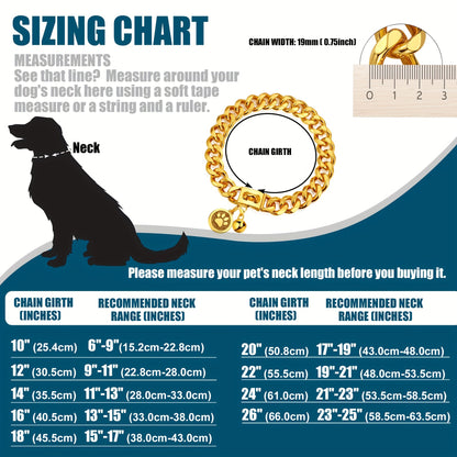 Cuban Link Dog Chain Collar – 19mm Gold Plated Stainless Steel with Snap Lock, 6 Sizes for Puppy Small Medium Large Dogs