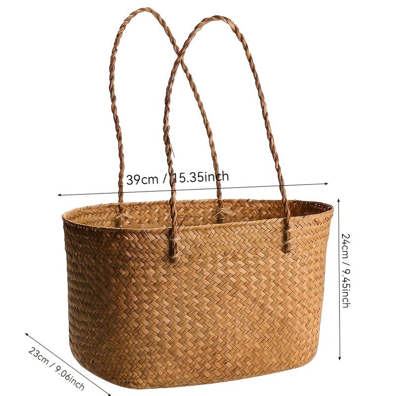 Large Woven Straw Picnic Tote Basket with Long Handles, Open Top Natural-Color Outdoor Carry Design