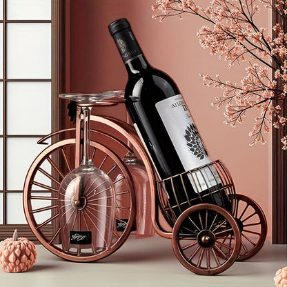 Bicycle-Shaped Tabletop Wine Rack with One Bottle Cradle and Two Stemware Holders in Copper-Tone Finish