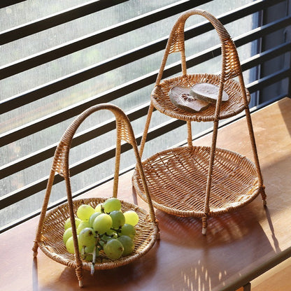Round Tiered Serving Tray with Woven-Look Frame in Single- or Two-Layer Light Coffee Configurations