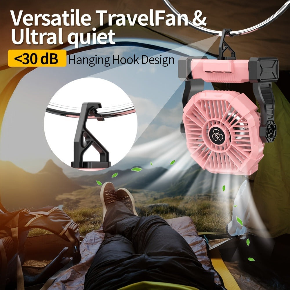 Portable Camping Fan 3-in-1 with LED Lantern & USB Charging – Battery Powered Tent Fan with Timer, 360° Rotation, for Outdoor Camping