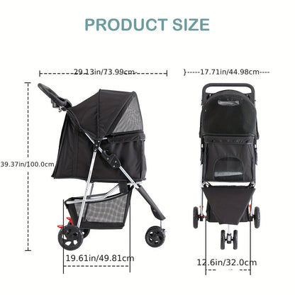 3-Wheel Pet Stroller for Small & Medium Dogs Cats – Foldable Jogger Stroller with Weather Cover, Storage Basket & Cup Holder