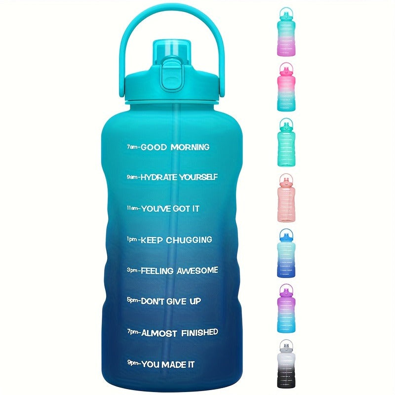128oz Water Bottle Jug with Time Markers, Handled Flip-Top Straw Lid and Seven Color Treatments