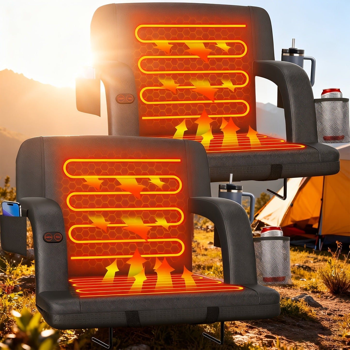 Heated Stadium Seat with Back Support for Bleachers 6 Reclining Positions 3 Heat Levels Dual-Zone USB Heated Bleacher Chair with 5 Storage