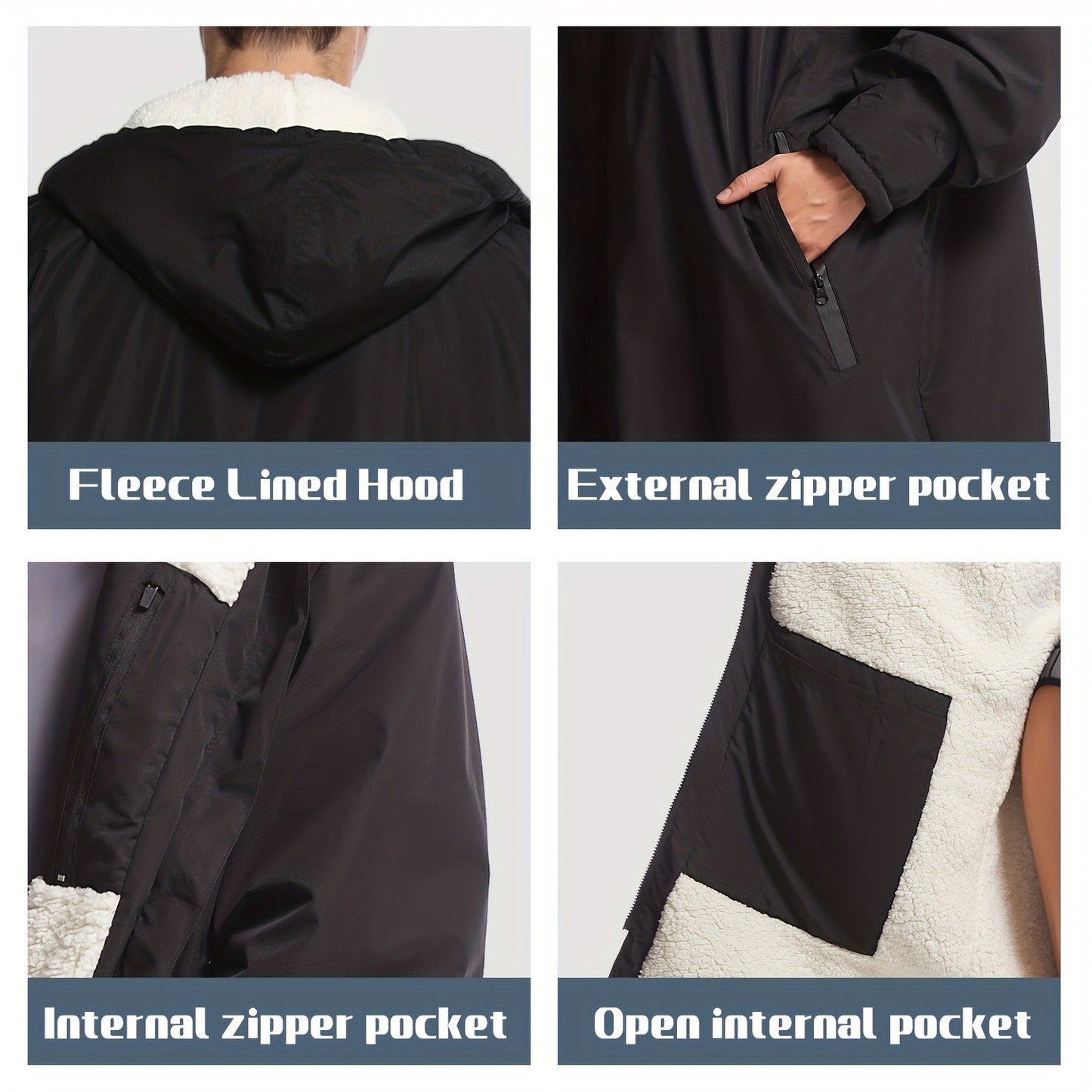 Changing Robe Fleece Lined Hooded – Long Sleeve Windproof Warm Surf Poncho for Swimming, Surfing, Diving, Camping & Hiking – 43.3x31.5in