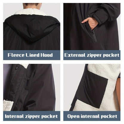 Changing Robe Fleece Lined Hooded – Long Sleeve Windproof Warm Surf Poncho for Swimming, Surfing, Diving, Camping & Hiking – 43.3x31.5in