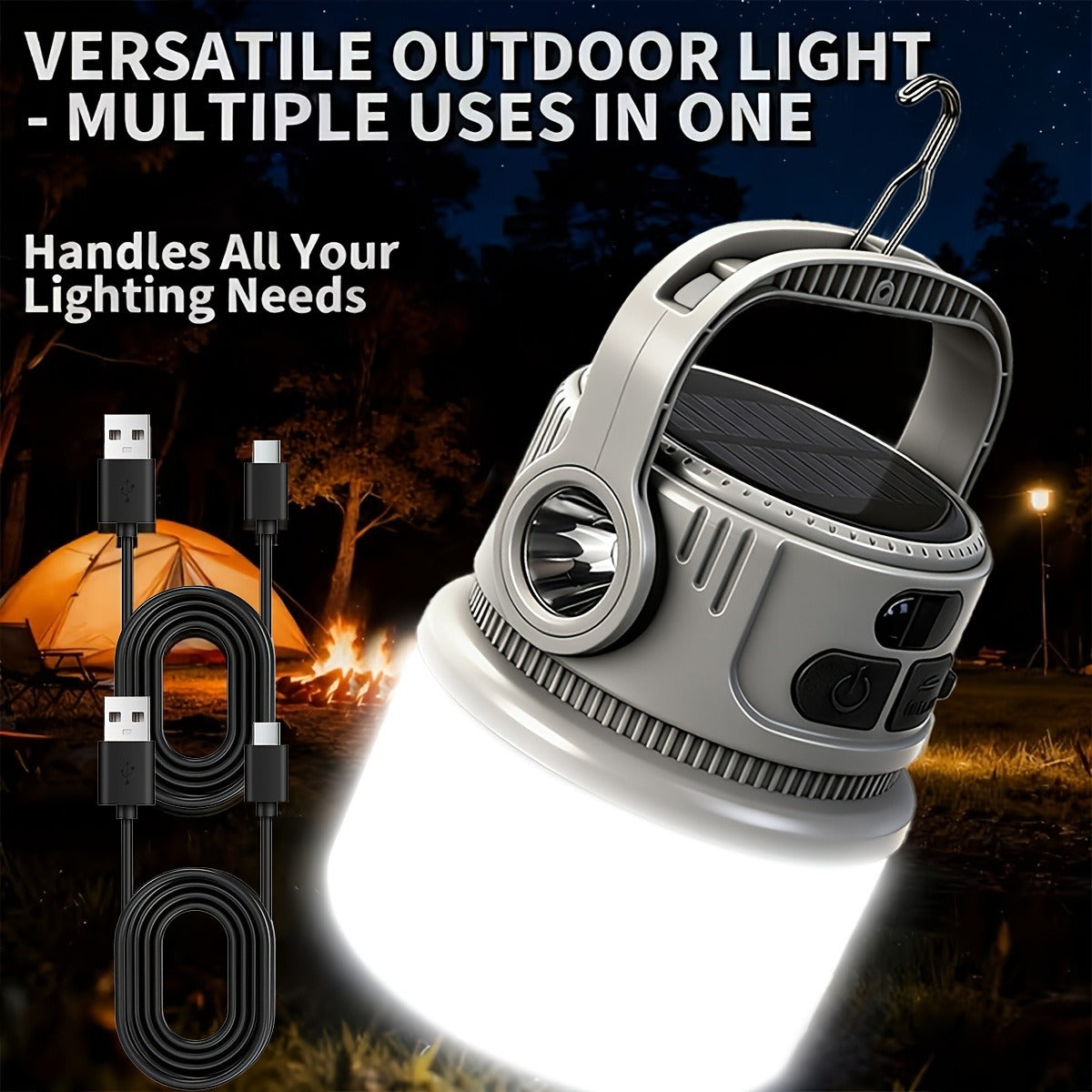 Solar LED Camping Light with Hook – 6 Modes, USB-C Rechargeable, 300LM, IPX4 Waterproof, Emergency Power Bank