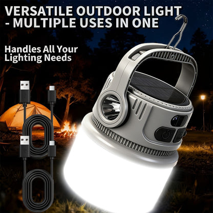 Solar LED Camping Light with Hook – 6 Modes, USB-C Rechargeable, 300LM, IPX4 Waterproof, Emergency Power Bank