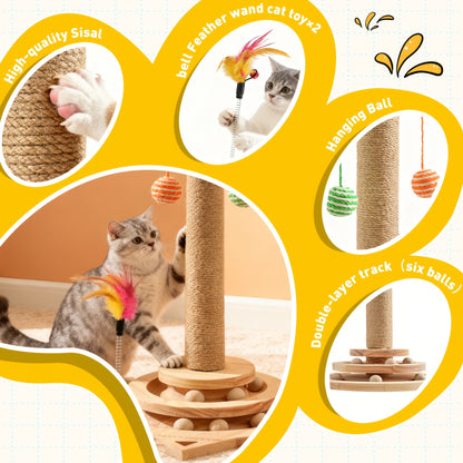 Multi-Level Sisal Cat Scratching Post 4-in-1 with 6 Wooden Balls 2 Hanging Balls & 2 Feather Teaser Toys – Premium Thickened Sisal Anti-Slip