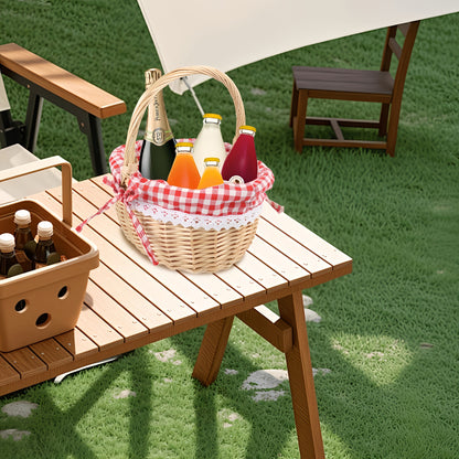 Large Wicker Picnic Basket with Split Lid, Central Carry Handle and Red Checkered Textile Lining