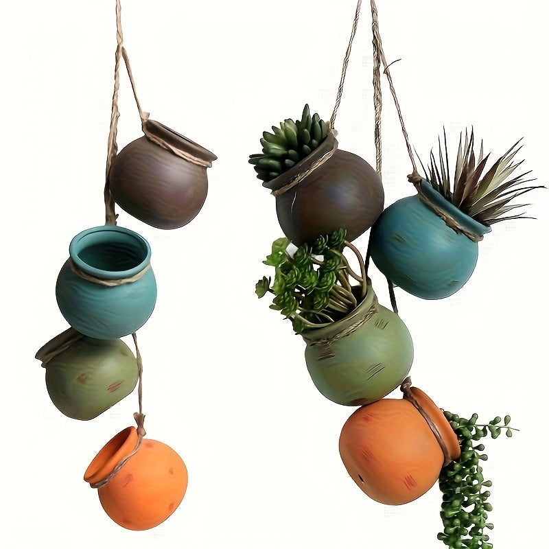 Hanging Planters Set of 4 Bohemian Geometric Porcelain Pots with Hemp Rope