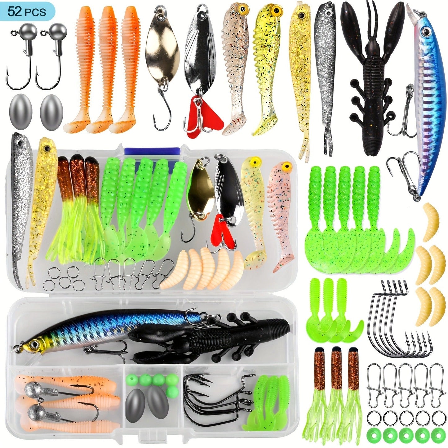Fishing Lures Tackle Box Kit 52–360pcs – Animated Lures, Crankbaits, Spinnerbaits, Soft Plastic Worms & Topwater Lures for Bass, Trout