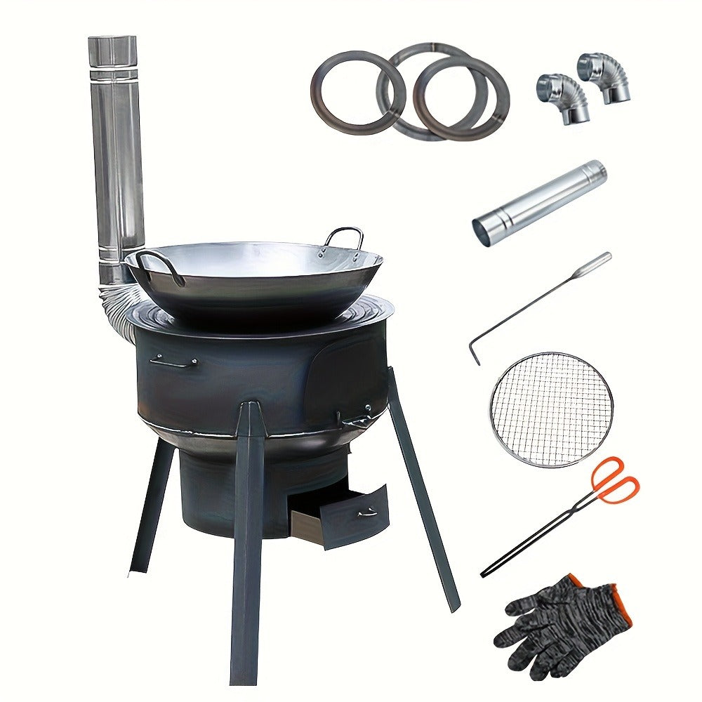 Round Wood-Burning Camp Stove Set with Chimney Pipe, Tripod Legs and 13.78- or 16.93-Inch Diameter Options