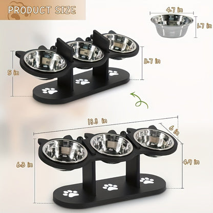 Elevated Cat Bowl Stand with Tilted Stainless Steel Bowls – Adjustable Raised Feeder, Anti-Spill, Black Wood Base for Cats & Small Dogs