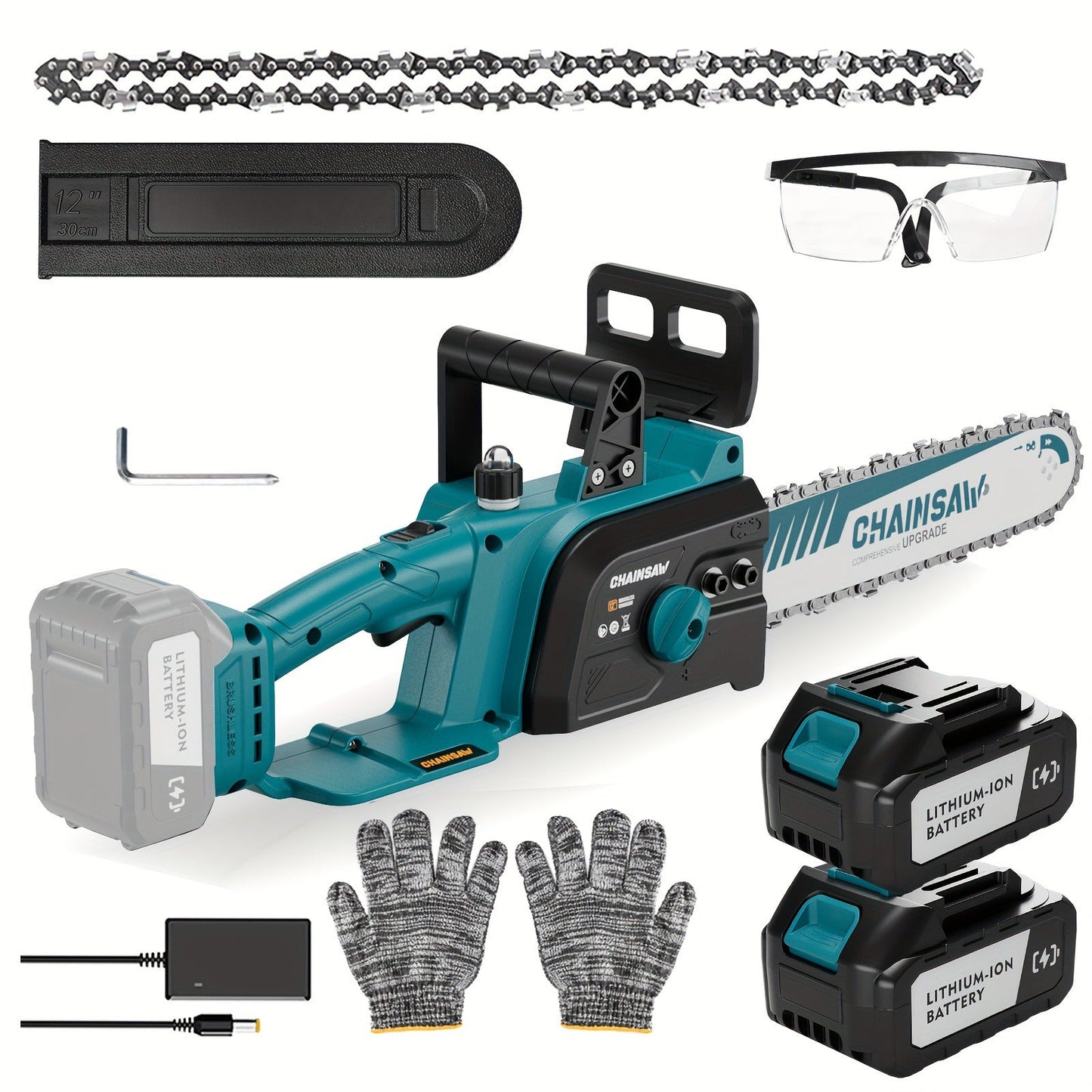 Cordless Brushless Chainsaw with 6- or 12-Inch Bar, One- or Two-Battery Kits in Purple, Green, Teal or Yellow