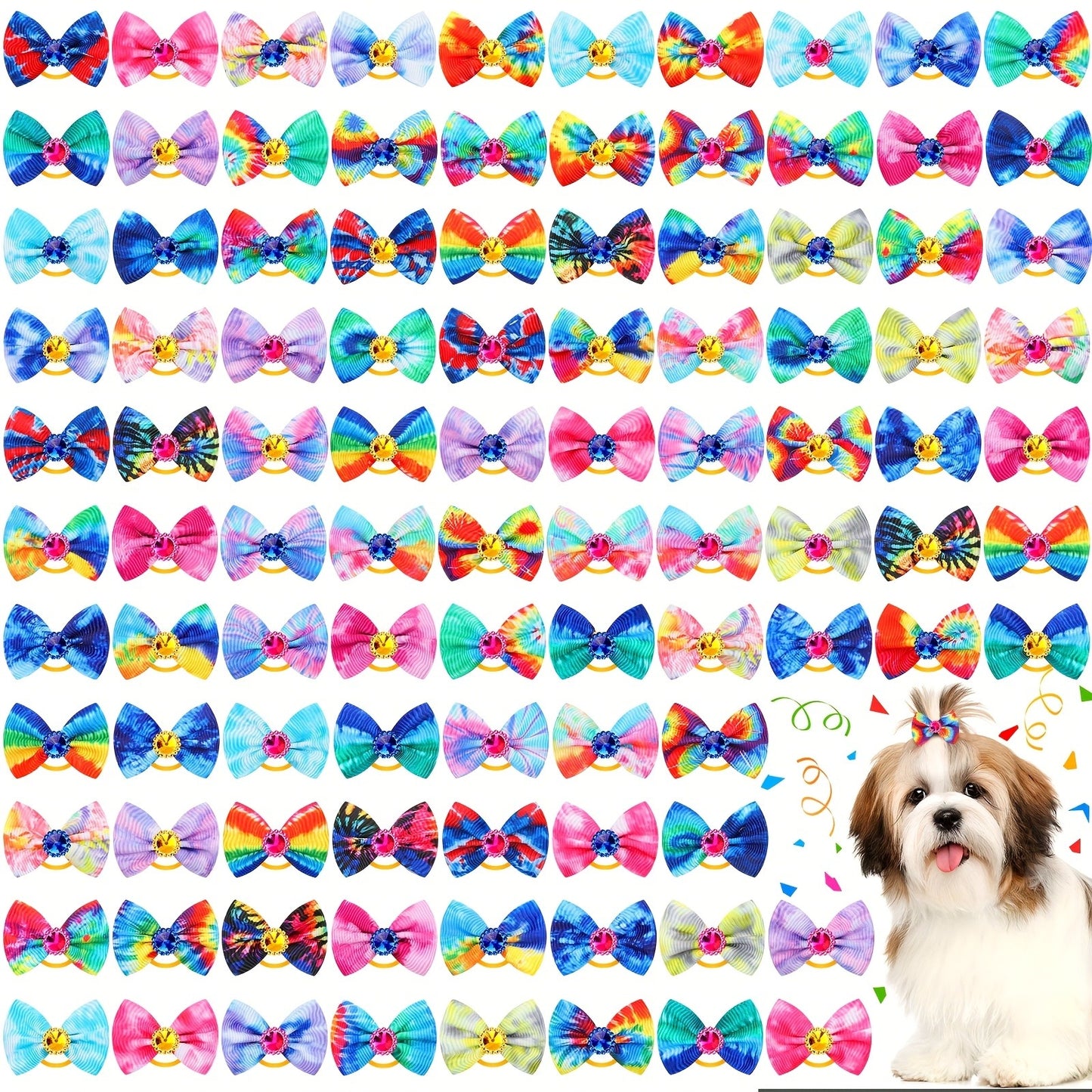 Dog Hair Bows 100 Pack Tie Dye Rhinestone Puppy Grooming Accessories with Rubber Bands – Colorful Spring Dog Topknot Bows for Small Dogs