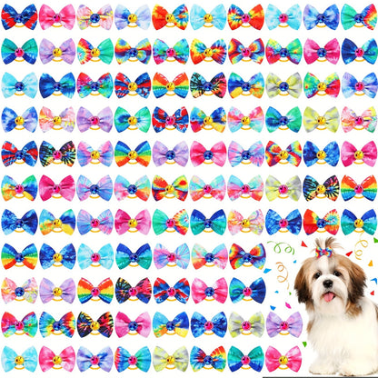 Dog Hair Bows 100 Pack Tie Dye Rhinestone Puppy Grooming Accessories with Rubber Bands – Colorful Spring Dog Topknot Bows for Small Dogs