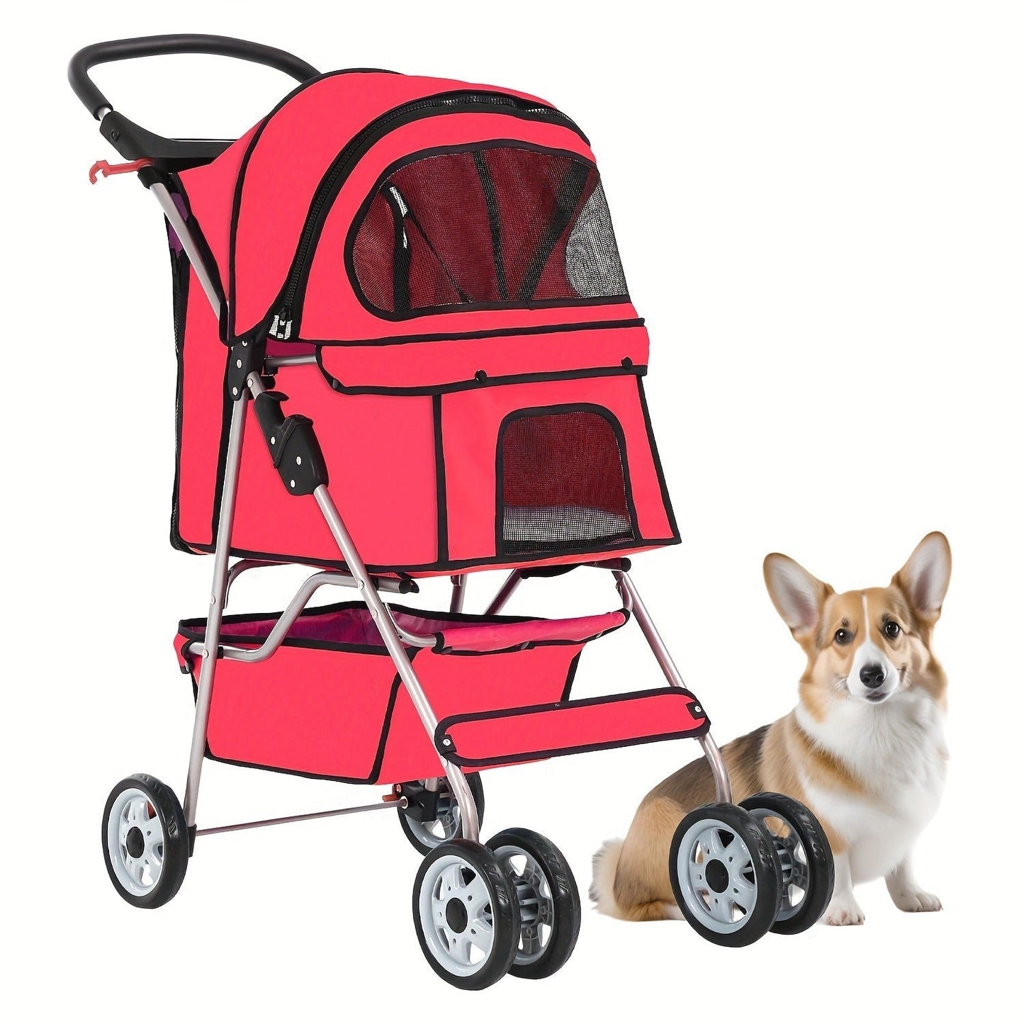 Four-Wheel Pet Stroller with Box Cabin, Wraparound Handle, Cup Tray, Lower Basket and Five Colors