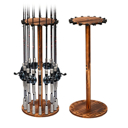 Wooden Fishing Rod Rack 360 Degree Rotating Circular Holds 16 Rods Space Saving Fishing Pole Organizer for Garage Home Storage