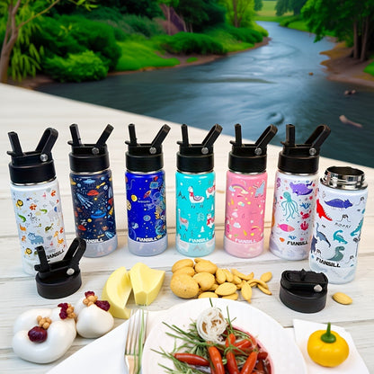 FIANSILL 16oz Stainless Steel Water Bottle with Flip-Up Straw Lid, Wrist Strap, Carabiner and Eight Prints
