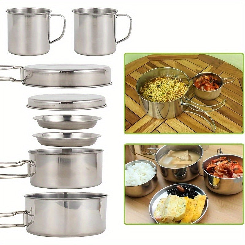 Stainless Steel Camping Cookware Set 8 Piece with Pots Pans Plates Cups and Handles – Lightweight Outdoor Cooking Kit for Camping Hiking