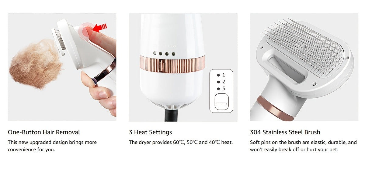 Pet Hair Dryer Brush, Two-in-One Blow Dryer and Self-Cleaning Slicker with Three Temperature Settings