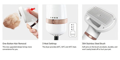 Pet Hair Dryer Brush, Two-in-One Blow Dryer and Self-Cleaning Slicker with Three Temperature Settings