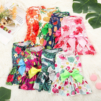 8pcs Summer Themed Hawaii Dog Dresses Holiday Flamingo Fruit Floral Pattern Pet Skirts Hawaii Puppy Princess Dresses Outfits Bowknot