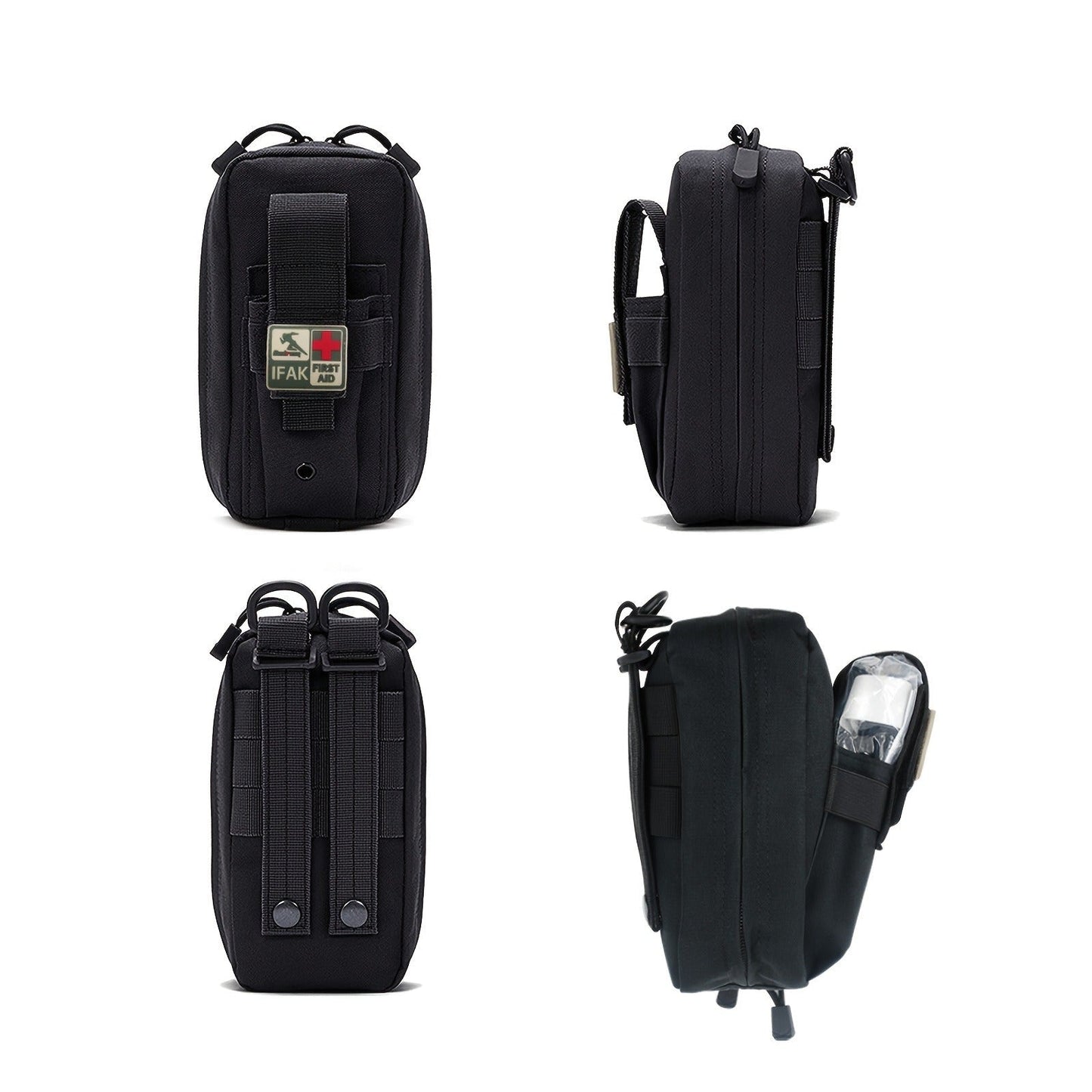 Black EDC IFAK First Aid Kit with Tall Zipper Pouch, Attachment Loops, Shears and Labeled Supply Packets