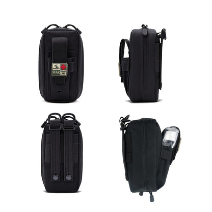 Black EDC IFAK First Aid Kit with Tall Zipper Pouch, Attachment Loops, Shears and Labeled Supply Packets