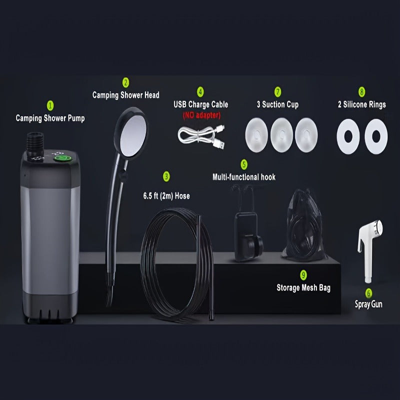 Portable Camping Shower 6000mAh IPX7 120-Min Runtime for Camping, Travel and Outdoor Use, with the Listed Configuration