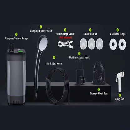 Portable Camping Shower 6000mAh IPX7 120-Min Runtime for Camping, Travel and Outdoor Use, with the Listed Configuration