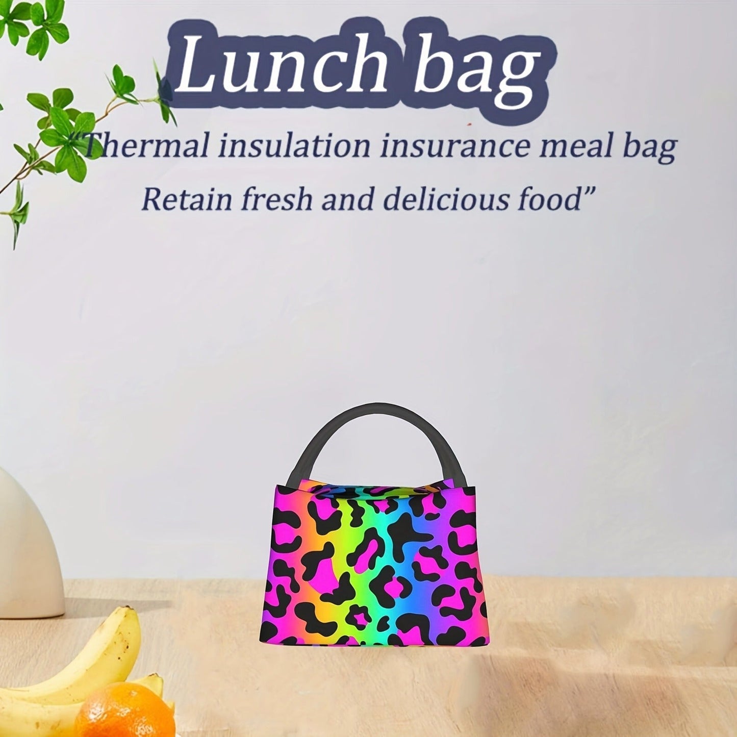Multicolor Leopard-Print Lunch Tote with Black Handles in an 11 x 6.5 x 7-Inch Checkout Pictured